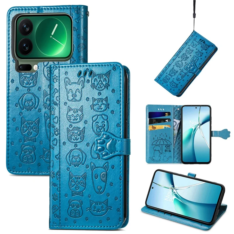 Étui de téléphone à rabat en cuir pour Xiaomi 17 Pro Max avec motif de chat et de chien mignon - Bleu