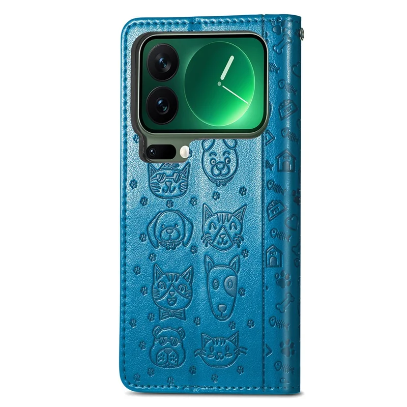 Étui de téléphone à rabat en cuir pour Xiaomi 17 Pro Max avec motif de chat et de chien mignon - Bleu
