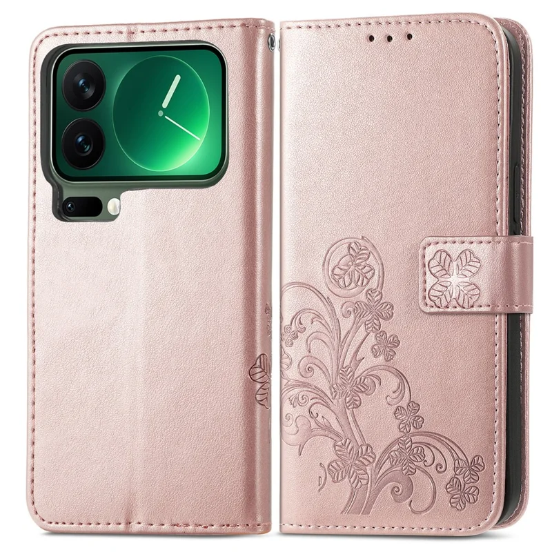 For Xiaomi 17 Pro Max Leather Case Four-Leaf Clover Wallet Phone Cover - Rose Gold