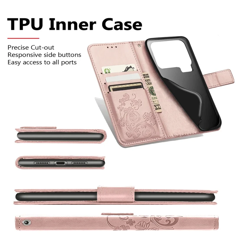 For Xiaomi 17 Pro Max Leather Case Four-Leaf Clover Wallet Phone Cover - Rose Gold