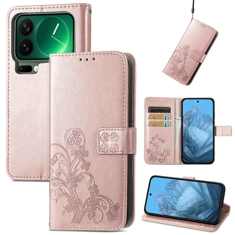 For Xiaomi 17 Pro Max Leather Case Four-Leaf Clover Wallet Phone Cover - Rose Gold