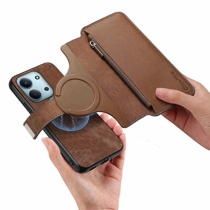 CASENEO MW-02 Phone Case For Xiaomi Redmi 15C 5G (EU) (173mm)  /  15C 4G (EU) (173mm) Detachable Magnetic Leather Flip Cover - Brown