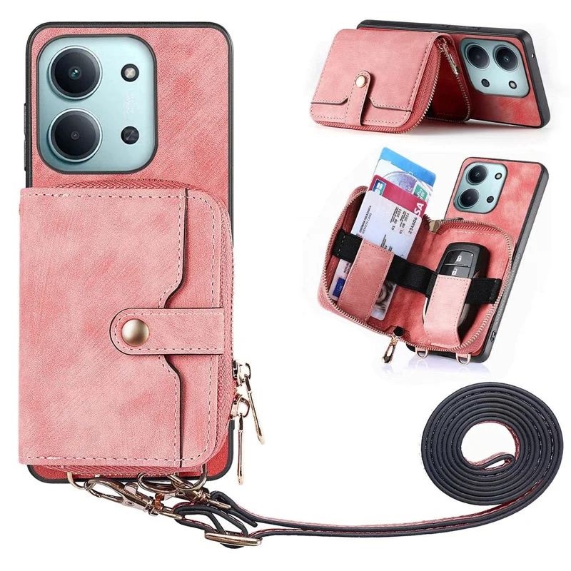 Phone Case For Xiaomi Redmi 15C 5G (EU) (173mm) / 4G (EU) (173mm) PU Leather Back Cover with Zipper Card Holder and Long Strap - Pink