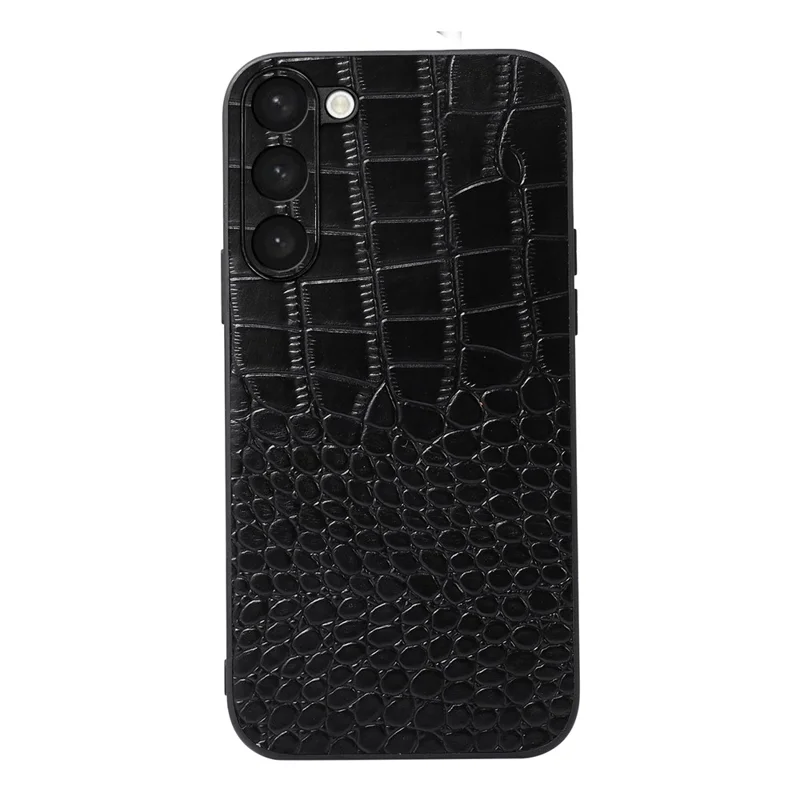 For Samsung Galaxy S23+ Crocodile Texture Phone Case Impact Resistant Genuine Cowhide Leather Coated PC+TPU Cover - Black