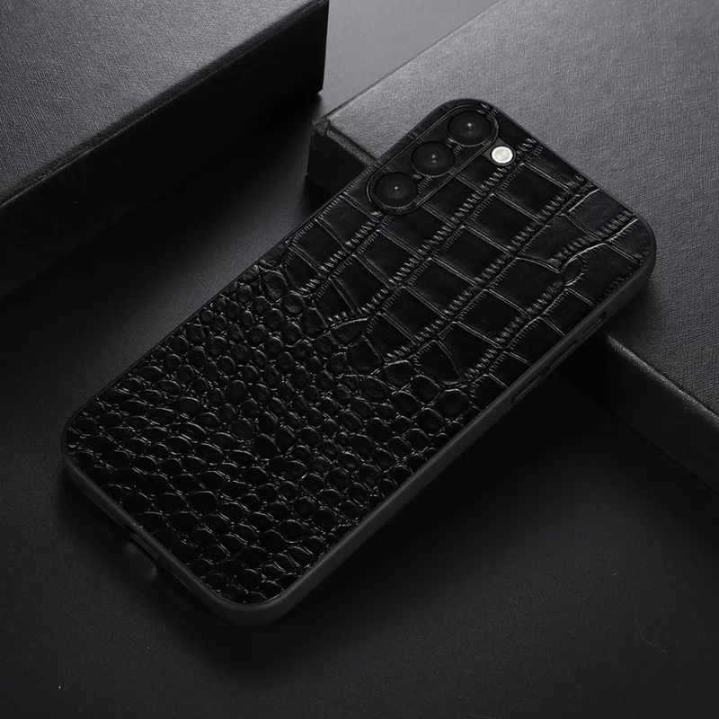 For Samsung Galaxy S23+ Crocodile Texture Phone Case Impact Resistant Genuine Cowhide Leather Coated PC+TPU Cover - Black