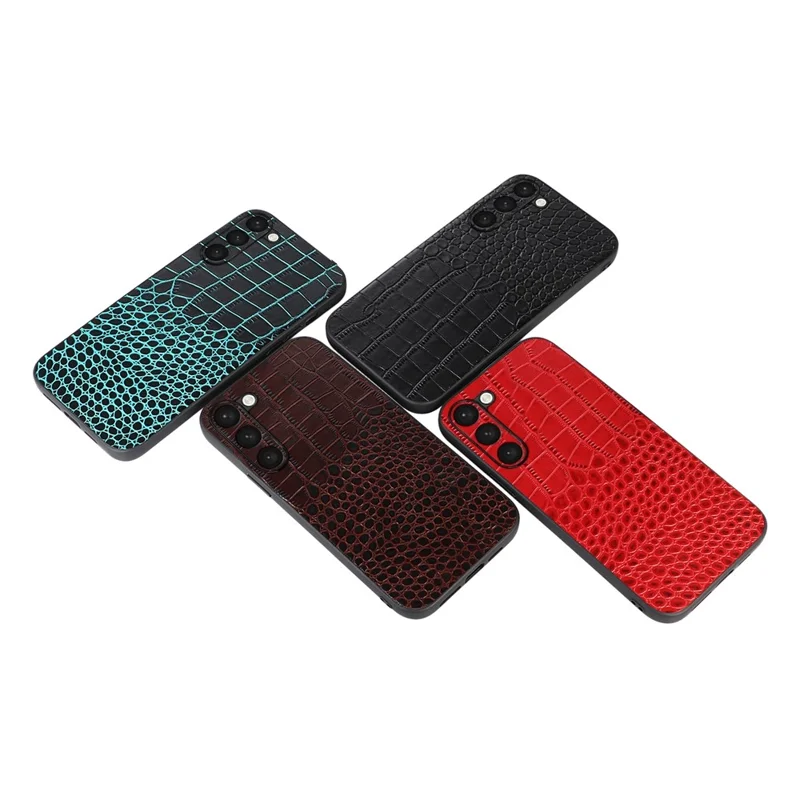 For Samsung Galaxy S23+ Crocodile Texture Phone Case Impact Resistant Genuine Cowhide Leather Coated PC+TPU Cover - Black