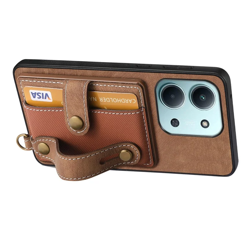 Kobierz na telefon stylu retro z skóry PU do Xiaomi Redmi 15C 5G (UE) (173 mm) / 15C 4G (UE) (173 mm) z uchwytem na kartę / podstawką z opaską na nadgarstek - brązowy