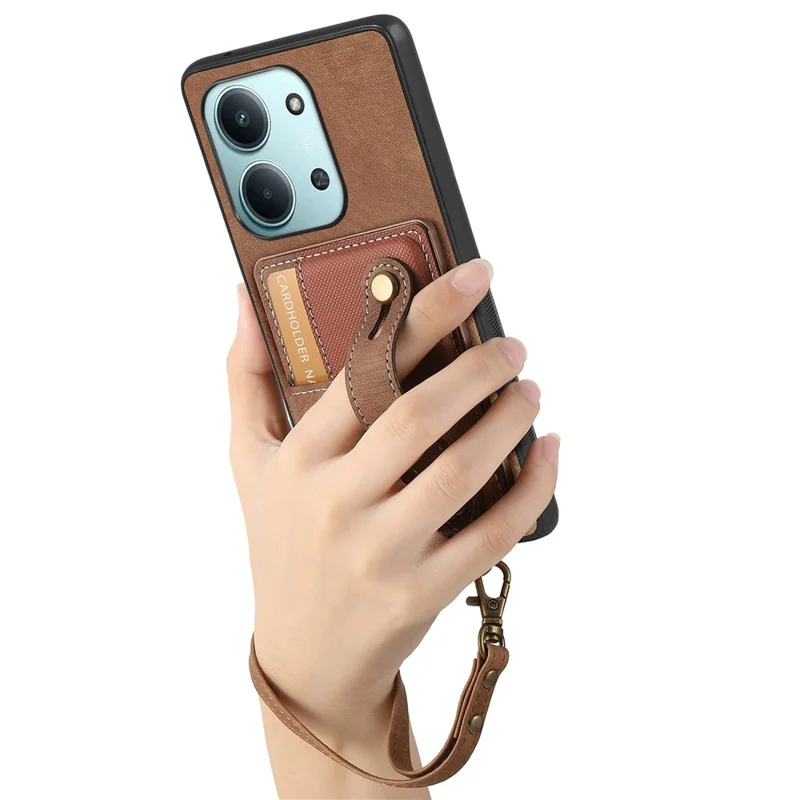 Kobierz na telefon stylu retro z skóry PU do Xiaomi Redmi 15C 5G (UE) (173 mm) / 15C 4G (UE) (173 mm) z uchwytem na kartę / podstawką z opaską na nadgarstek - brązowy