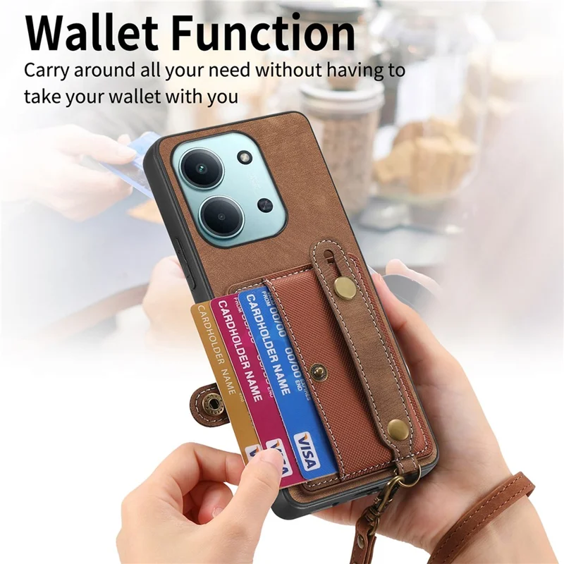 Kobierz na telefon stylu retro z skóry PU do Xiaomi Redmi 15C 5G (UE) (173 mm) / 15C 4G (UE) (173 mm) z uchwytem na kartę / podstawką z opaską na nadgarstek - brązowy