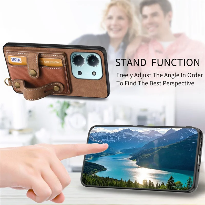 Kobierz na telefon stylu retro z skóry PU do Xiaomi Redmi 15C 5G (UE) (173 mm) / 15C 4G (UE) (173 mm) z uchwytem na kartę / podstawką z opaską na nadgarstek - brązowy