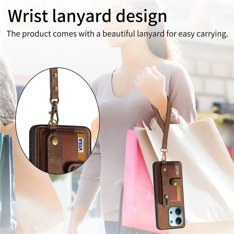 Kobierz na telefon stylu retro z skóry PU do Xiaomi Redmi 15C 5G (UE) (173 mm) / 15C 4G (UE) (173 mm) z uchwytem na kartę / podstawką z opaską na nadgarstek - brązowy