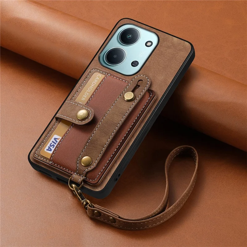 Kobierz na telefon stylu retro z skóry PU do Xiaomi Redmi 15C 5G (UE) (173 mm) / 15C 4G (UE) (173 mm) z uchwytem na kartę / podstawką z opaską na nadgarstek - brązowy