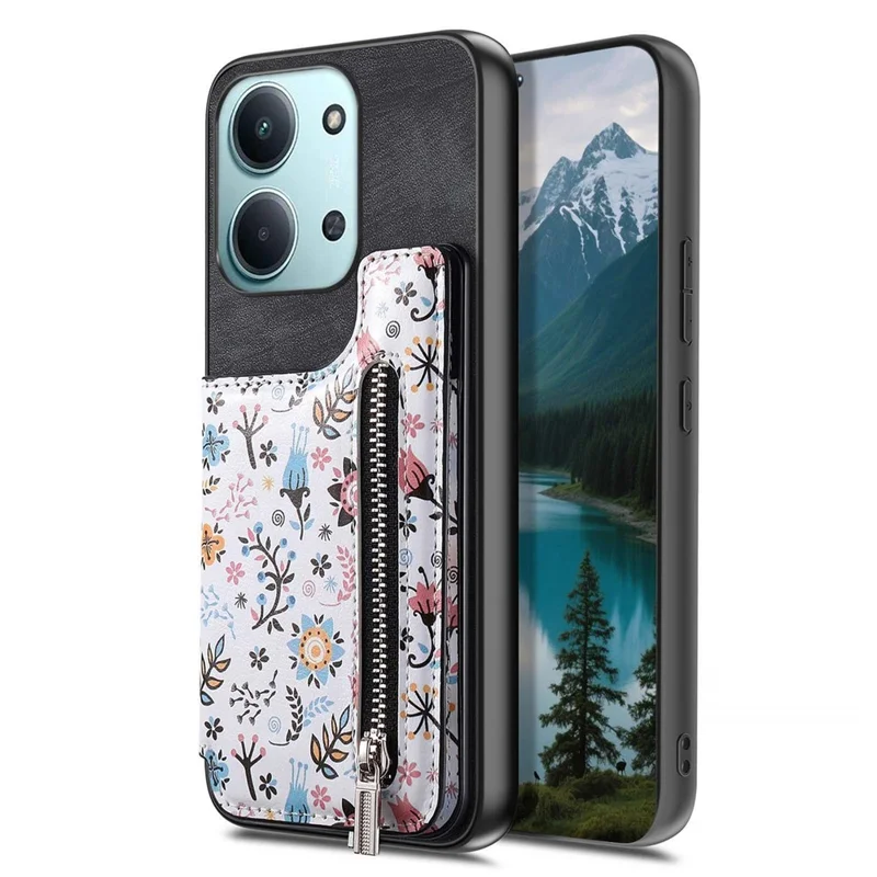 Zipper Card Holder Kickstand Case For Xiaomi Redmi 15C 5G (EU) (173mm) / 15C 4G (EU) (173mm) Leather Phone Cover with RFID Blocking - Black