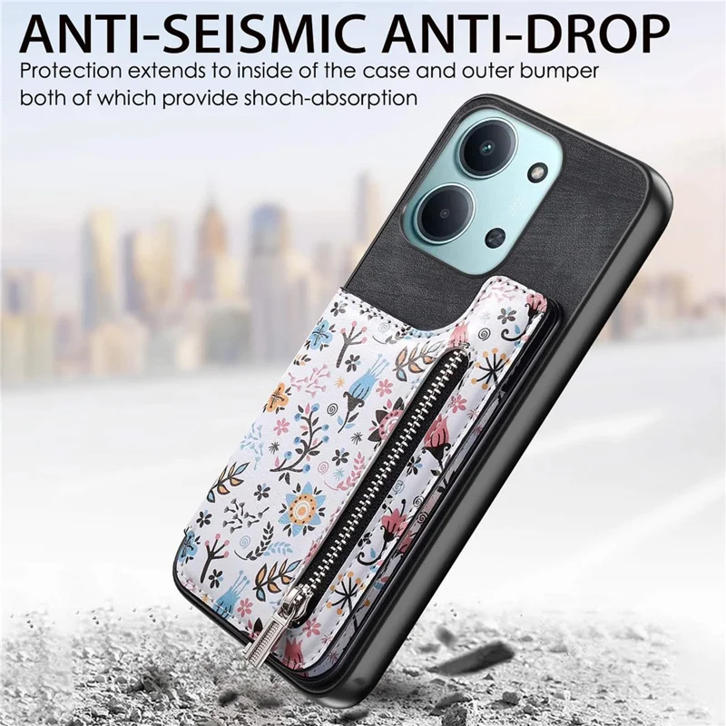 Zipper Card Holder Kickstand Case For Xiaomi Redmi 15C 5G (EU) (173mm) / 15C 4G (EU) (173mm) Leather Phone Cover with RFID Blocking - Black