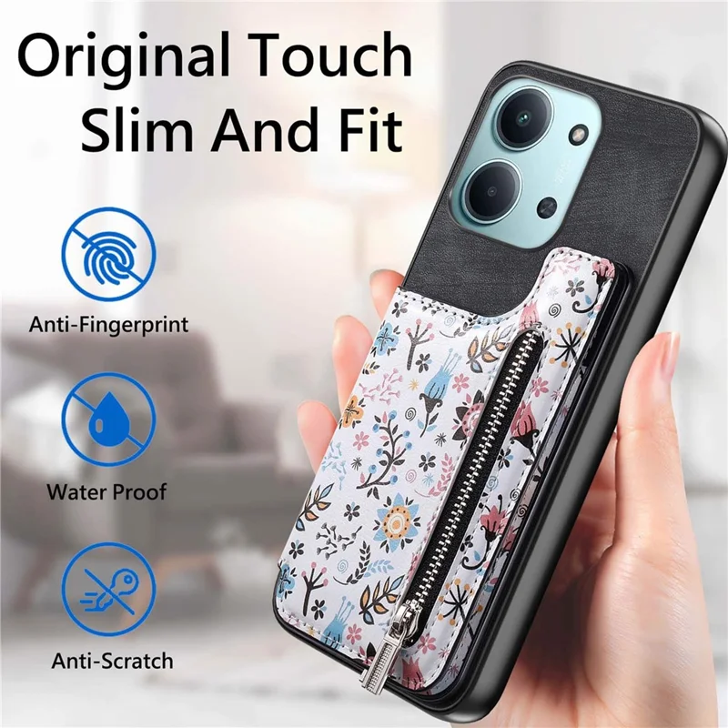 Zipper Card Holder Kickstand Case For Xiaomi Redmi 15C 5G (EU) (173mm) / 15C 4G (EU) (173mm) Leather Phone Cover with RFID Blocking - Black