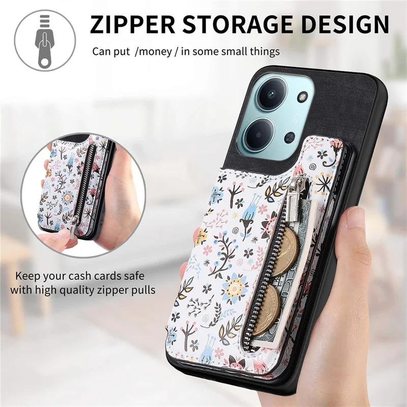 Zipper Card Holder Kickstand Case For Xiaomi Redmi 15C 5G (EU) (173mm) / 15C 4G (EU) (173mm) Leather Phone Cover with RFID Blocking - Black