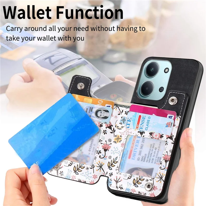 Zipper Card Holder Kickstand Case For Xiaomi Redmi 15C 5G (EU) (173mm) / 15C 4G (EU) (173mm) Leather Phone Cover with RFID Blocking - Black