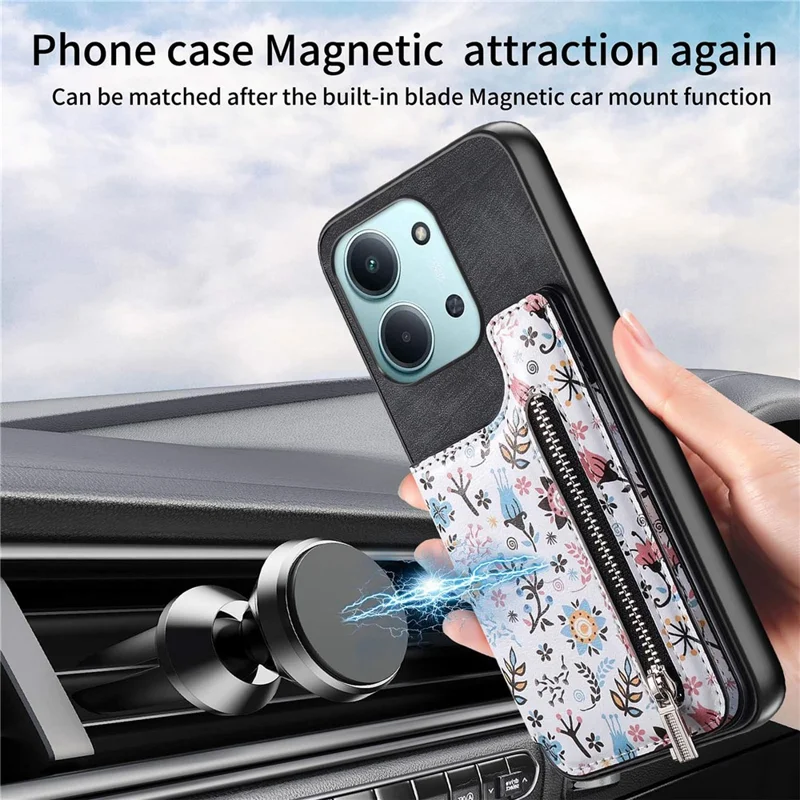 Zipper Card Holder Kickstand Case For Xiaomi Redmi 15C 5G (EU) (173mm) / 15C 4G (EU) (173mm) Leather Phone Cover with RFID Blocking - Black