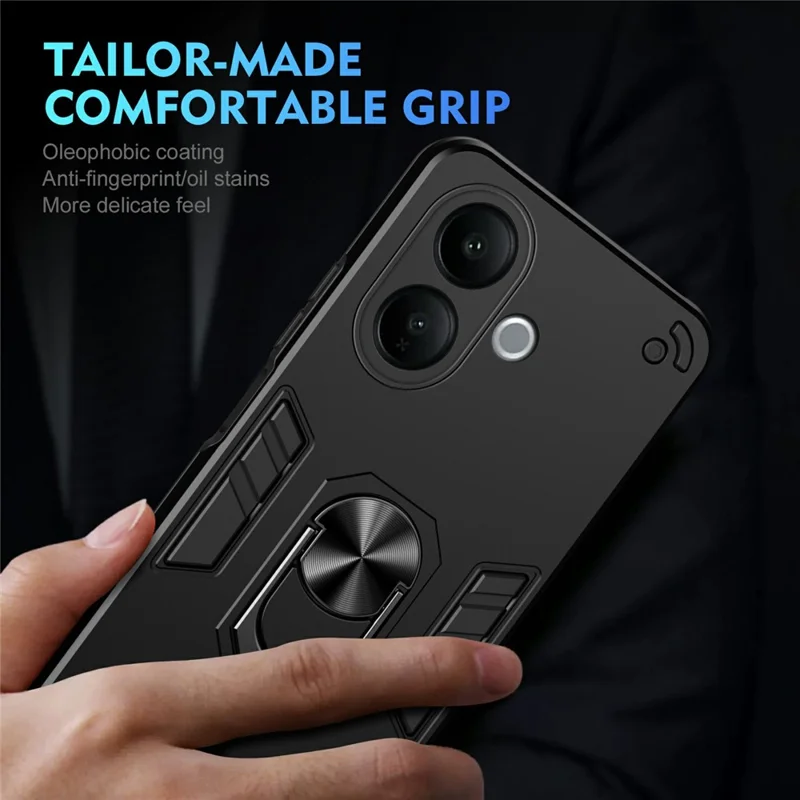 For vivo V60 Lite 4G / 5G Case PC + TPU Drop Defend Phone Cover with Ring Kickstand - Black