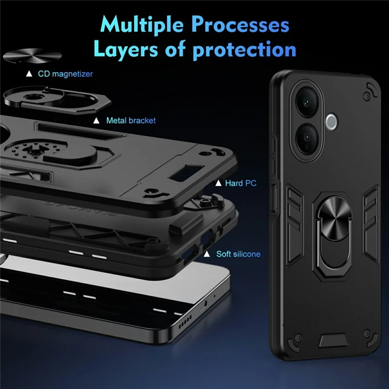 For vivo V60 Lite 4G / 5G Case PC + TPU Drop Defend Phone Cover with Ring Kickstand - Black