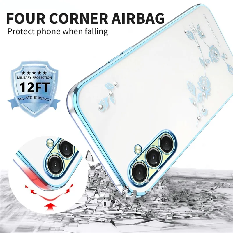 KADEM Per Samsung Galaxy A15 5G Custodia Fiore Decorazione Rhinestone TPU Cover per Telefono - Blu