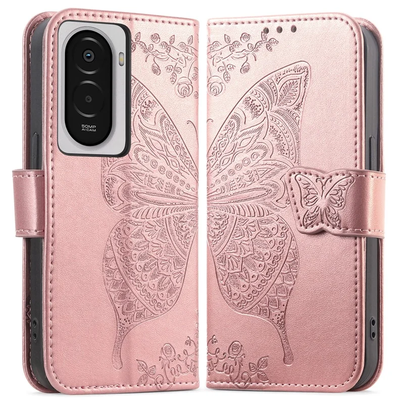 For Xiaomi Poco M7 4G (EU) (171mm) Case with Strap Butterfly Pattern PU Leather Wallet Phone Cover - Rose Gold