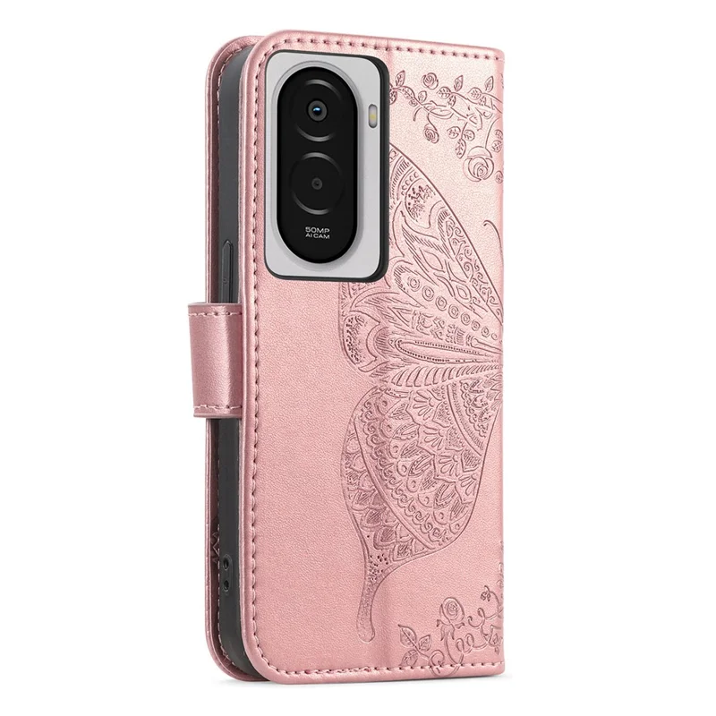 For Xiaomi Poco M7 4G (EU) (171mm) Case with Strap Butterfly Pattern PU Leather Wallet Phone Cover - Rose Gold