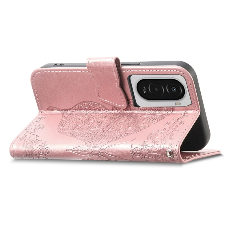For Xiaomi Poco M7 4G (EU) (171mm) Case with Strap Butterfly Pattern PU Leather Wallet Phone Cover - Rose Gold