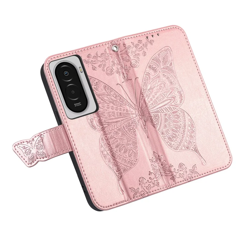 For Xiaomi Poco M7 4G (EU) (171mm) Case with Strap Butterfly Pattern PU Leather Wallet Phone Cover - Rose Gold
