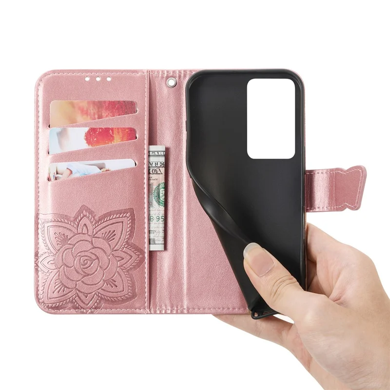 For Xiaomi Poco M7 4G (EU) (171mm) Case with Strap Butterfly Pattern PU Leather Wallet Phone Cover - Rose Gold