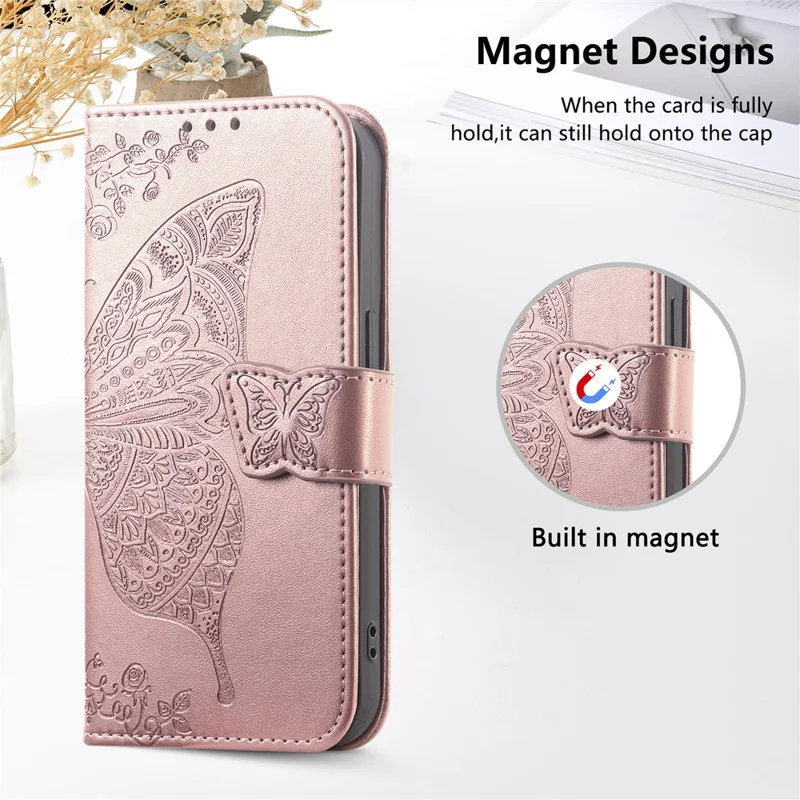 For Xiaomi Poco M7 4G (EU) (171mm) Case with Strap Butterfly Pattern PU Leather Wallet Phone Cover - Rose Gold