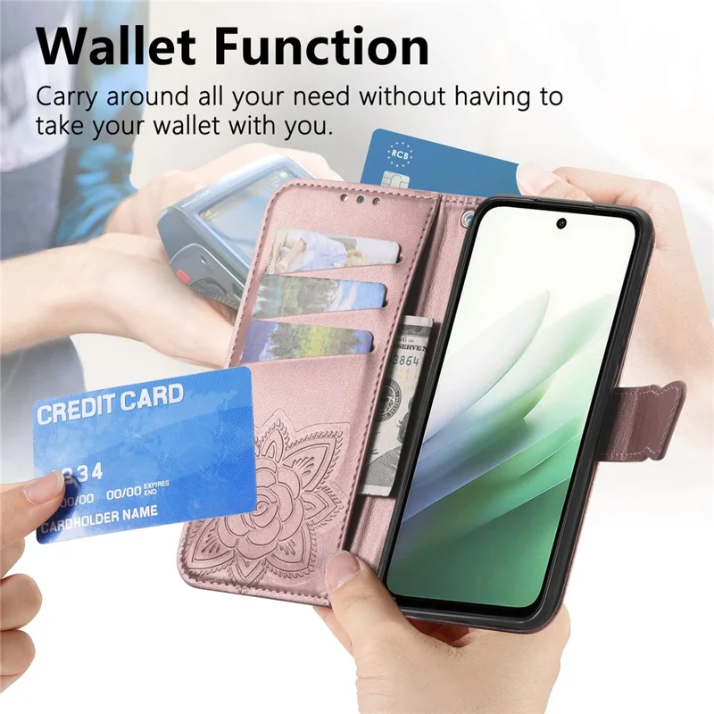 For Xiaomi Poco M7 4G (EU) (171mm) Case with Strap Butterfly Pattern PU Leather Wallet Phone Cover - Rose Gold