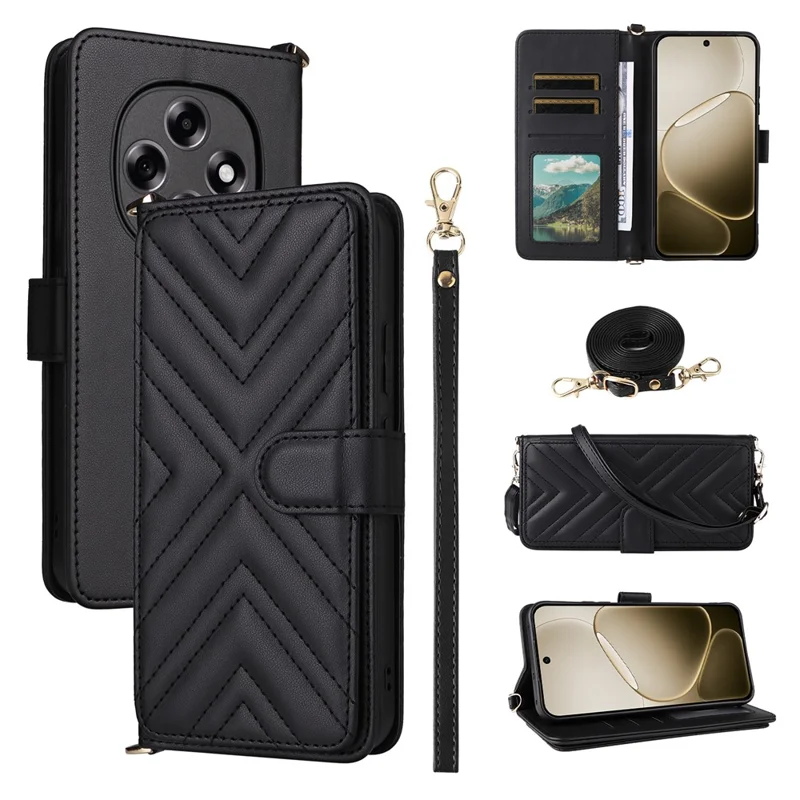 For Oppo F31 Pro 5G / A6 Pro 5G (China) Leather Case Stand Wallet Phone Cover with Shoulder / Wrist Strap - Black