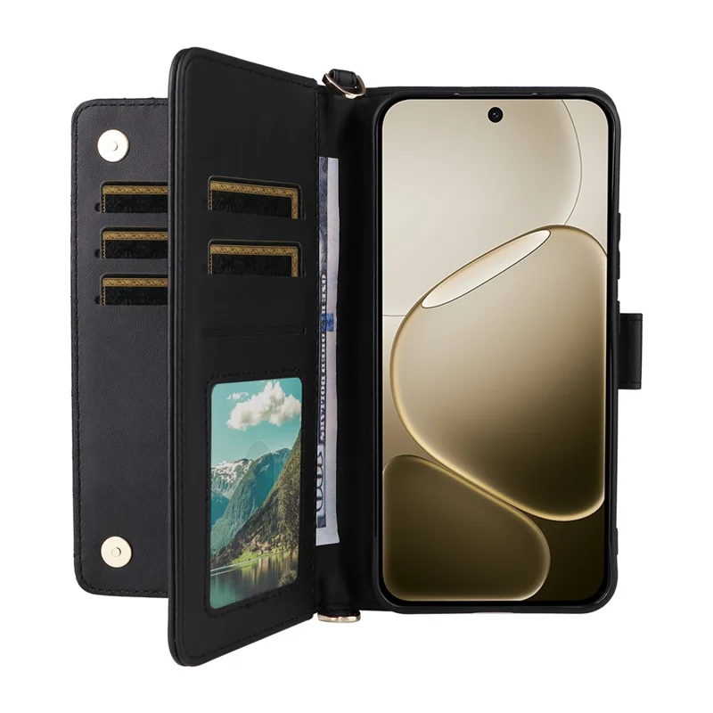 For Oppo F31 Pro 5G / A6 Pro 5G (China) Leather Case Stand Wallet Phone Cover with Shoulder / Wrist Strap - Black