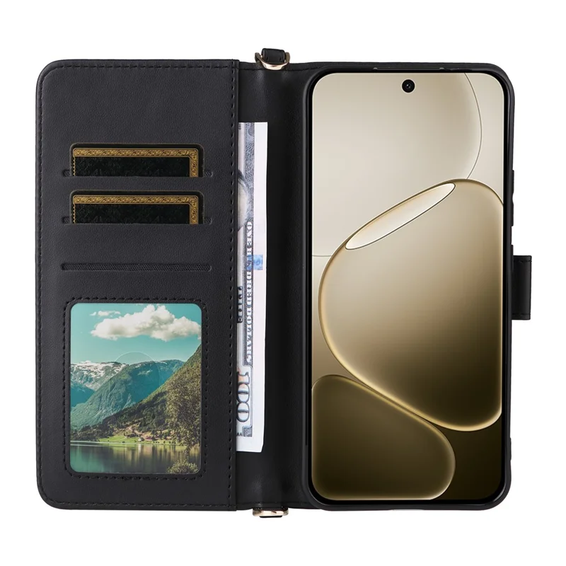 For Oppo F31 Pro 5G / A6 Pro 5G (China) Leather Case Stand Wallet Phone Cover with Shoulder / Wrist Strap - Black