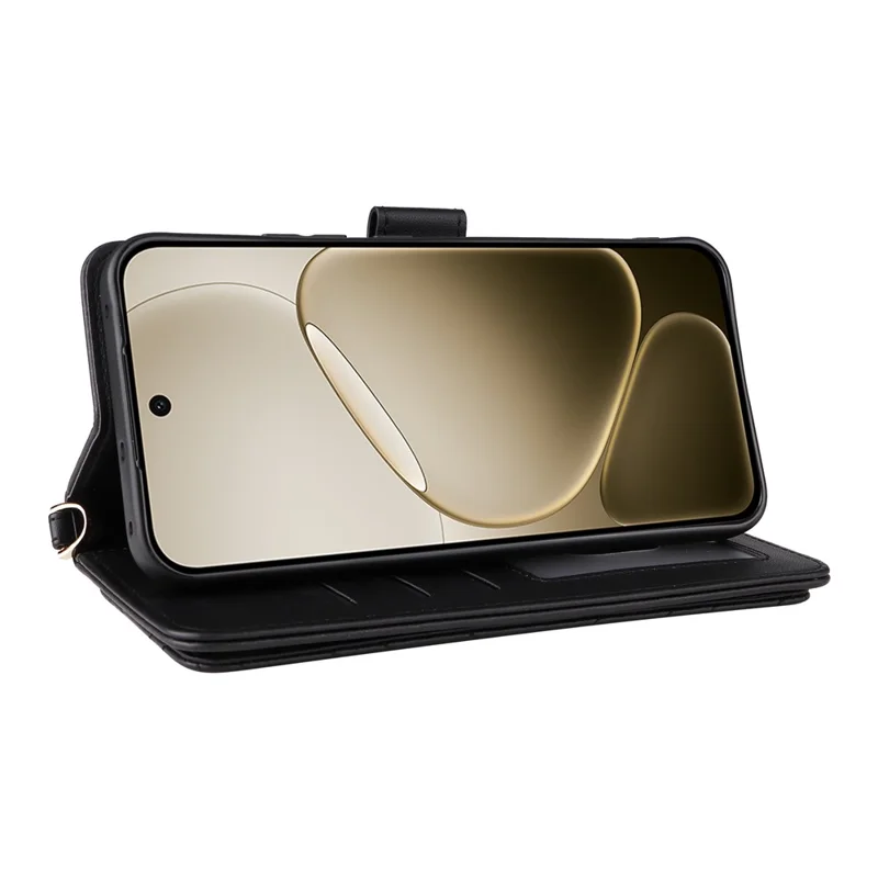 For Oppo F31 Pro 5G / A6 Pro 5G (China) Leather Case Stand Wallet Phone Cover with Shoulder / Wrist Strap - Black