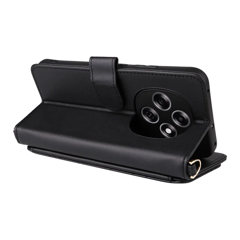 For Oppo F31 Pro 5G / A6 Pro 5G (China) Leather Case Stand Wallet Phone Cover with Shoulder / Wrist Strap - Black