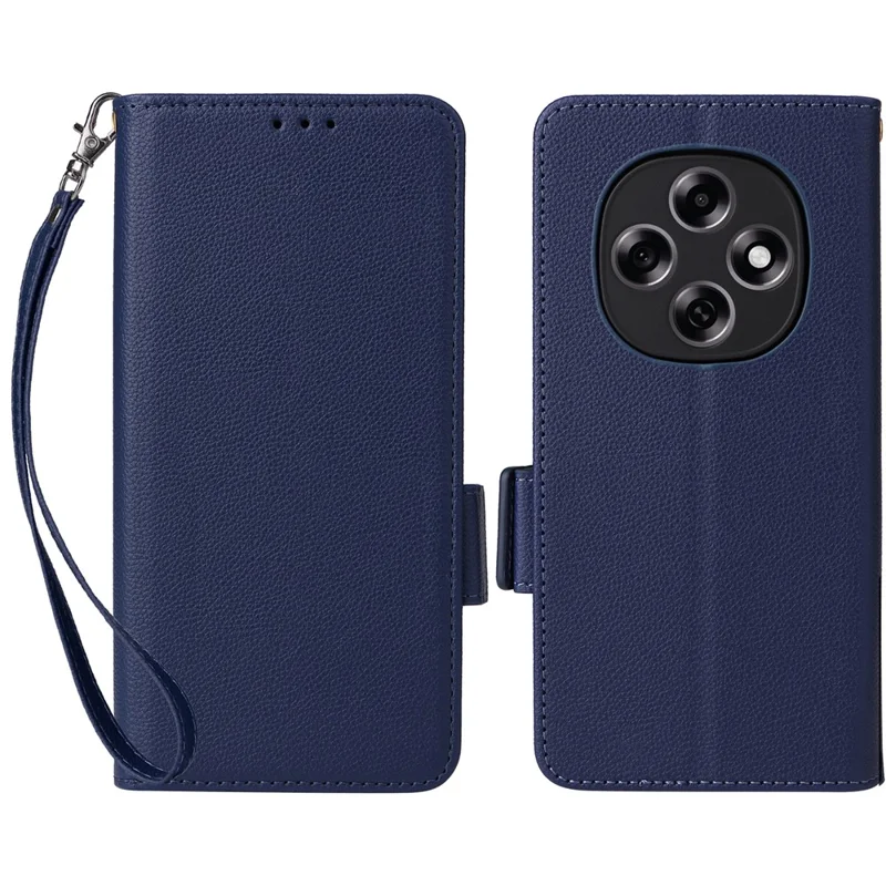 For Oppo F31 Pro 5G / A6 Pro 5G (China) Case Litchi Texture Wallet Leather Phone Cover with Wrist Strap - Dark Blue
