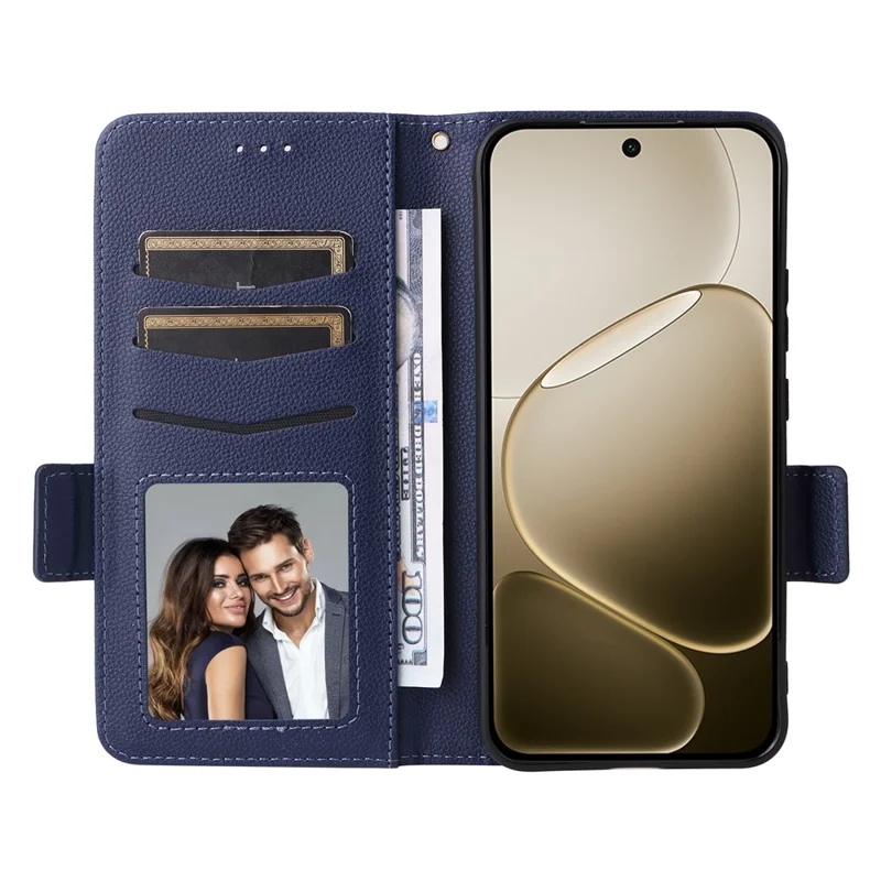 For Oppo F31 Pro 5G / A6 Pro 5G (China) Case Litchi Texture Wallet Leather Phone Cover with Wrist Strap - Dark Blue