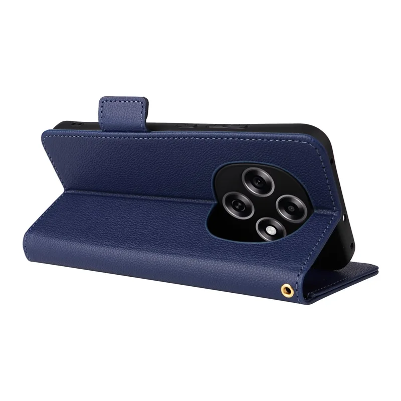 For Oppo F31 Pro 5G / A6 Pro 5G (China) Case Litchi Texture Wallet Leather Phone Cover with Wrist Strap - Dark Blue