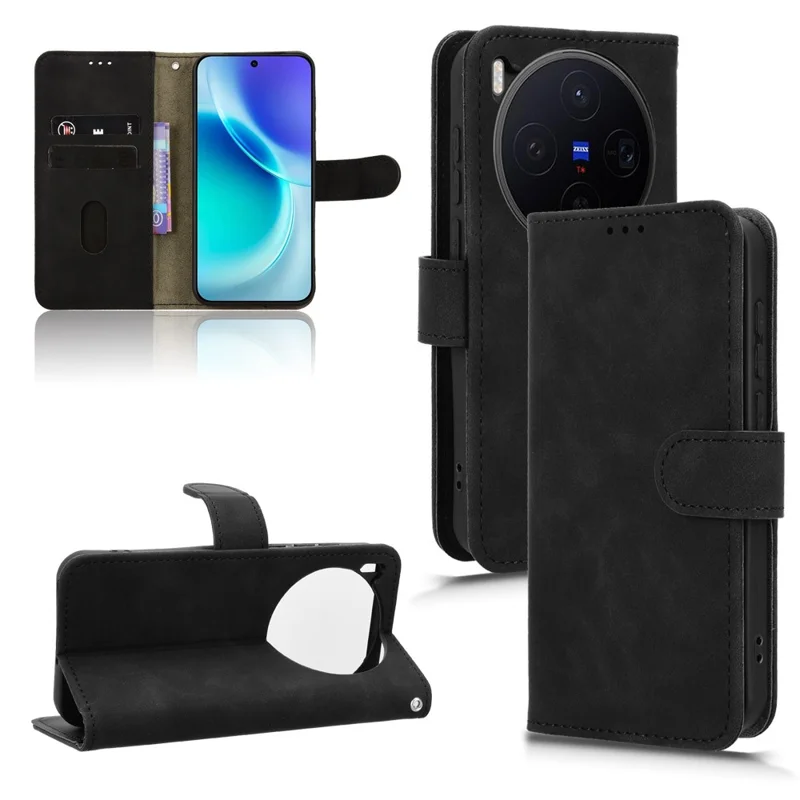 For vivo X300 5G Leather Case Skin Feel Anti Drop Wallet Flip Phone Cover - Black