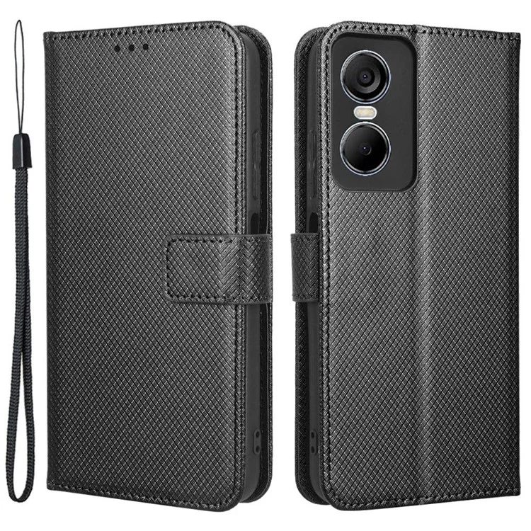 For TECNO Pop 6 Pro BE8 4G Wallet Phone Cover Handy Strap Diamond Texture PU Leather Stand Case - Black