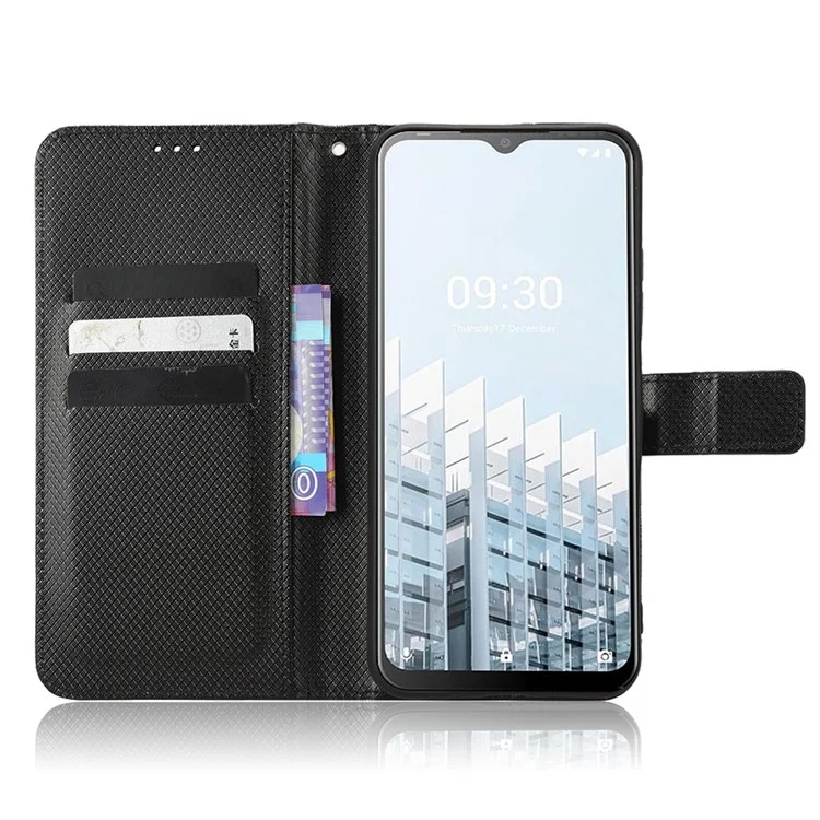 For TECNO Pop 6 Pro BE8 4G Wallet Phone Cover Handy Strap Diamond Texture PU Leather Stand Case - Black