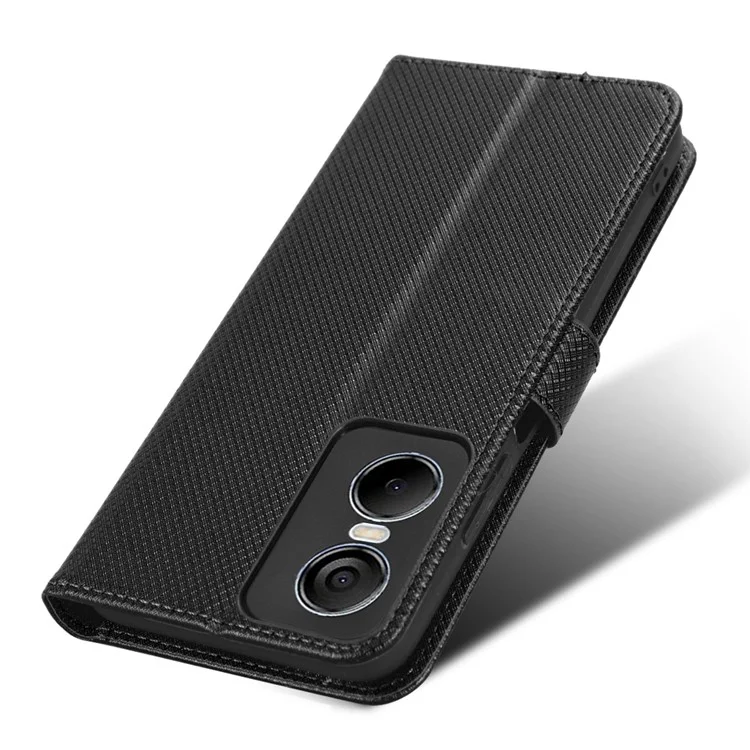 For TECNO Pop 6 Pro BE8 4G Wallet Phone Cover Handy Strap Diamond Texture PU Leather Stand Case - Black