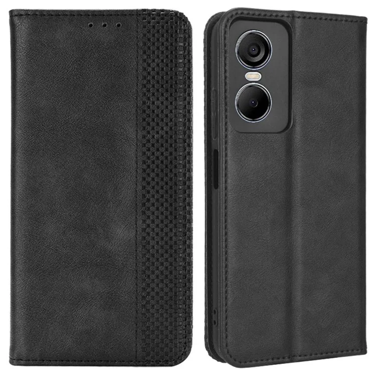 For TECNO Pop 6 Pro BE8 4G Retro Texture Phone Case Imprinted Pattern PU Leather Magnetic Auto Closing Wallet Phone Cover - Black