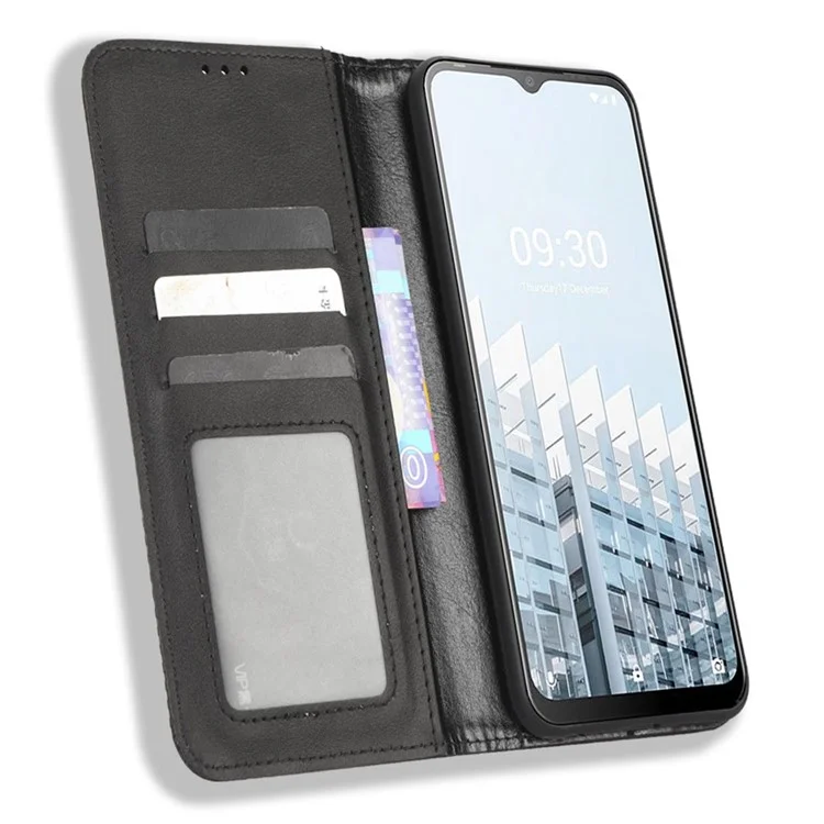 For TECNO Pop 6 Pro BE8 4G Retro Texture Phone Case Imprinted Pattern PU Leather Magnetic Auto Closing Wallet Phone Cover - Black