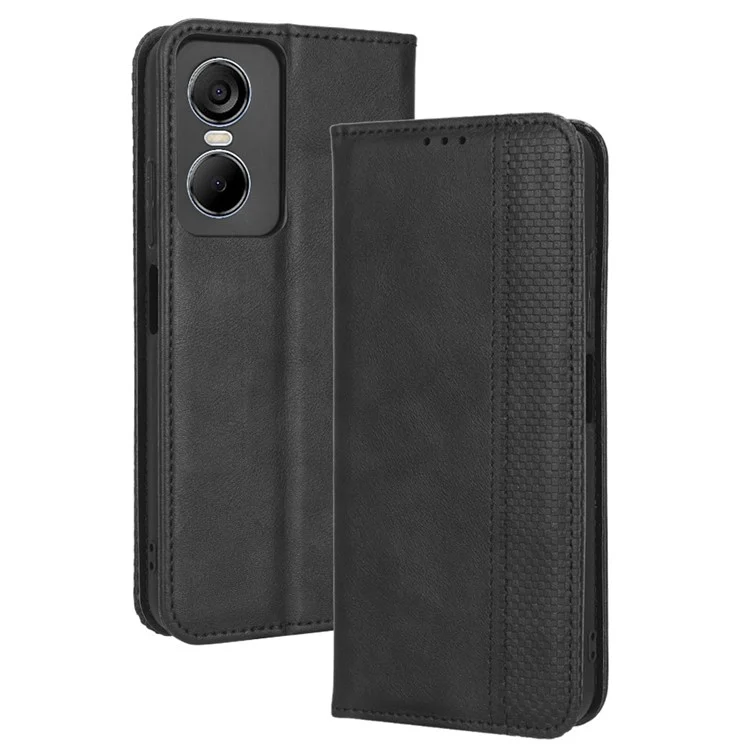 For TECNO Pop 6 Pro BE8 4G Retro Texture Phone Case Imprinted Pattern PU Leather Magnetic Auto Closing Wallet Phone Cover - Black