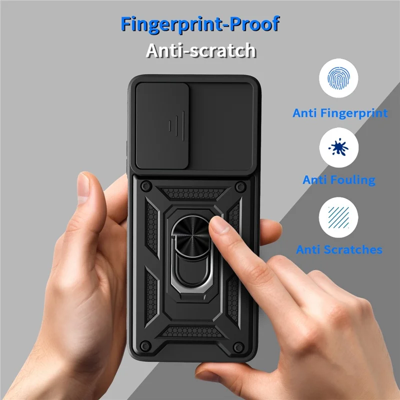 For Motorola Moto G06 Power 4G / G06 4G Case with Slide Camera Lid PC + TPU Kickstand Phone Cover - Black
