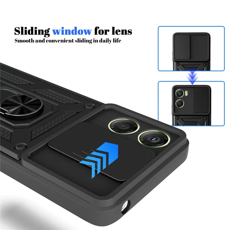 For Motorola Moto G06 Power 4G / G06 4G Case with Slide Camera Lid PC + TPU Kickstand Phone Cover - Black