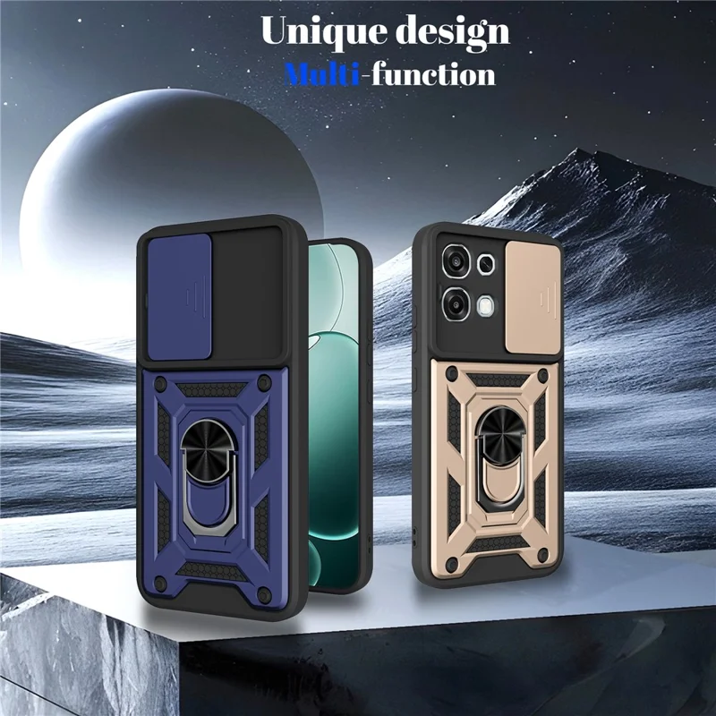 Étui pour Oppo A6 Pro 5G / 4G / F31 5G avec couvercle de caméra coulissante, coque de protection en PC + TPU avec support - Bleu